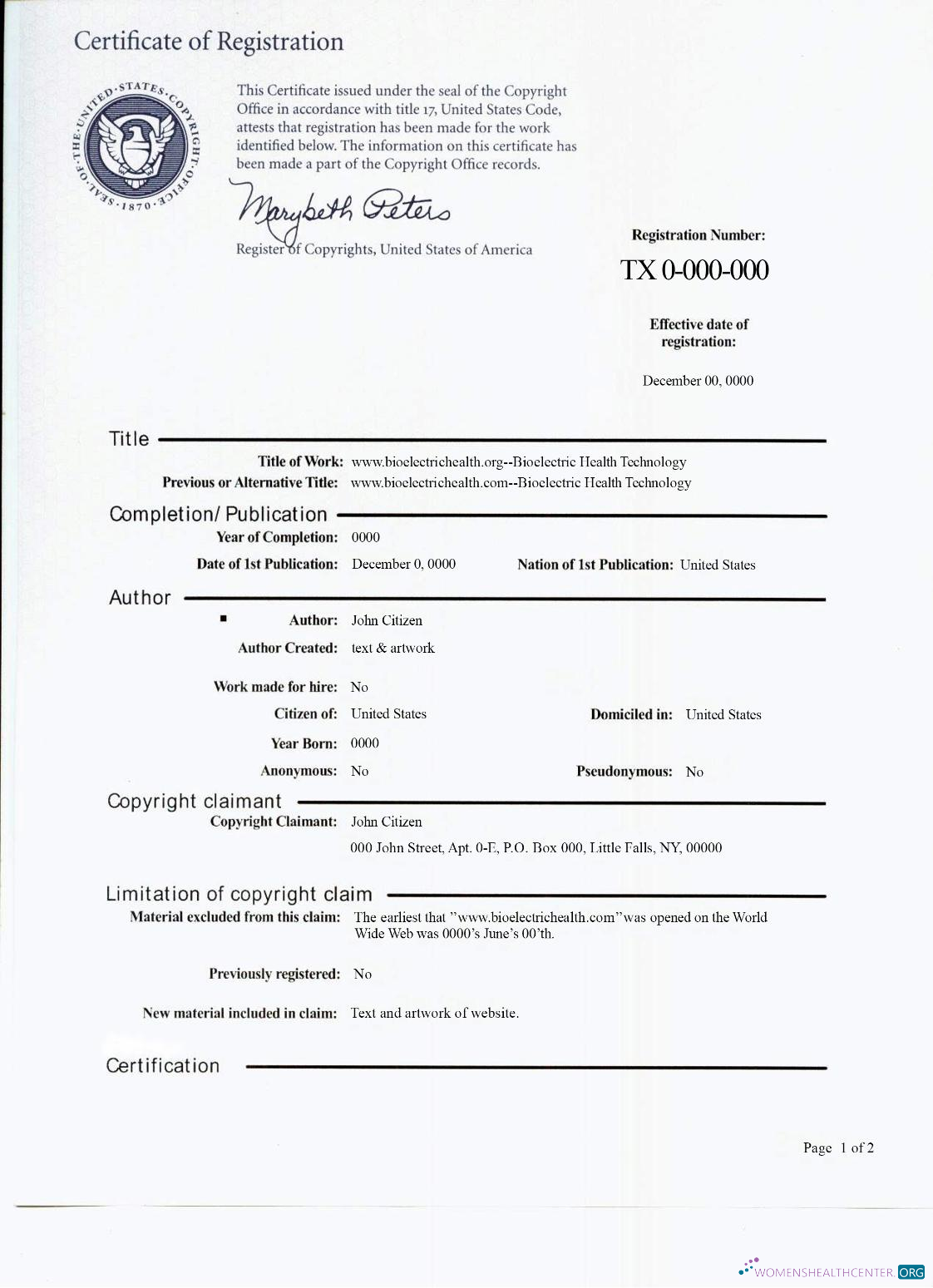 Download USA copywrite certificate of registration PSD sample Photoshop template